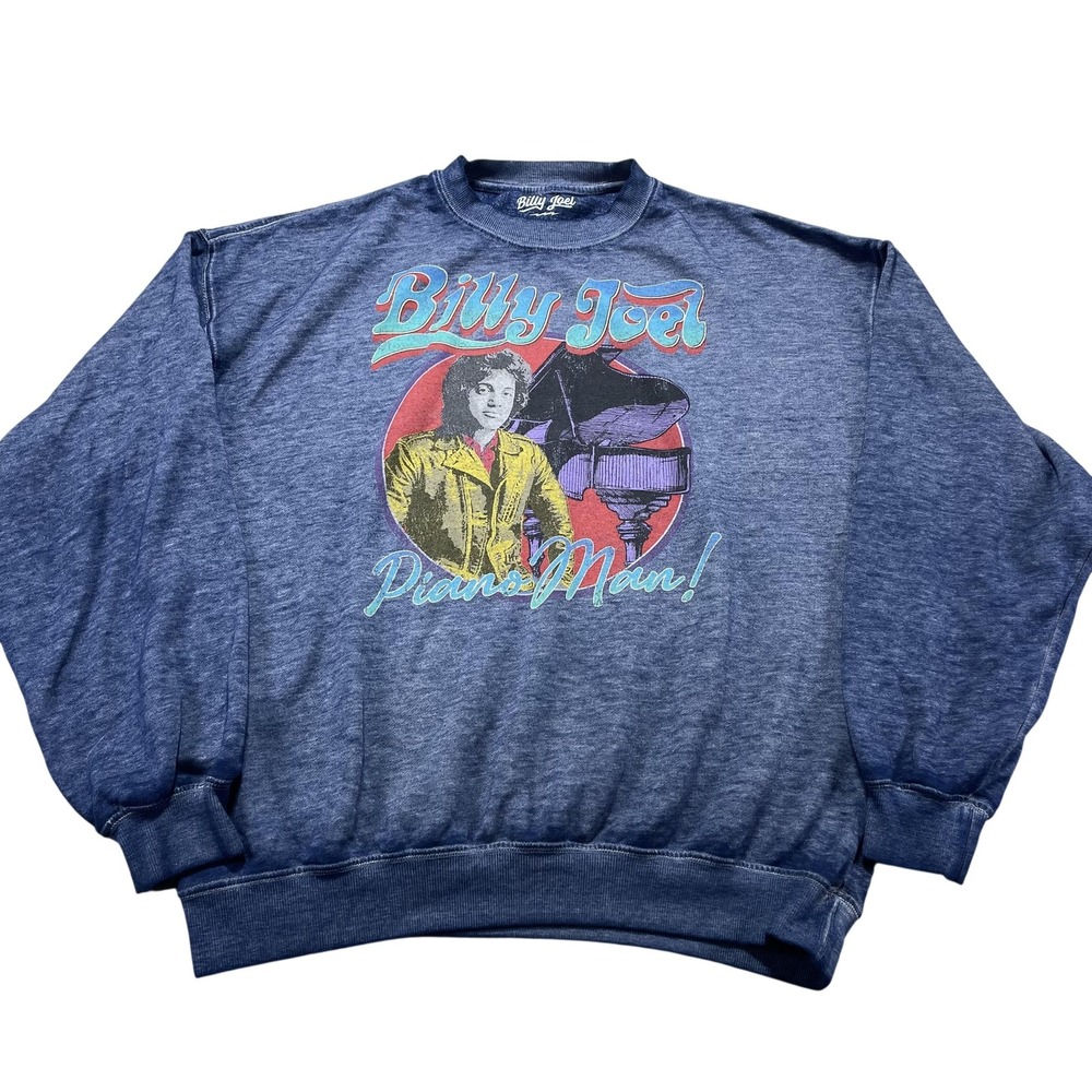 Billy Joel Sweatshirt Mens Large Blue Piano Man Graphic Fleece Pullover Crewneck